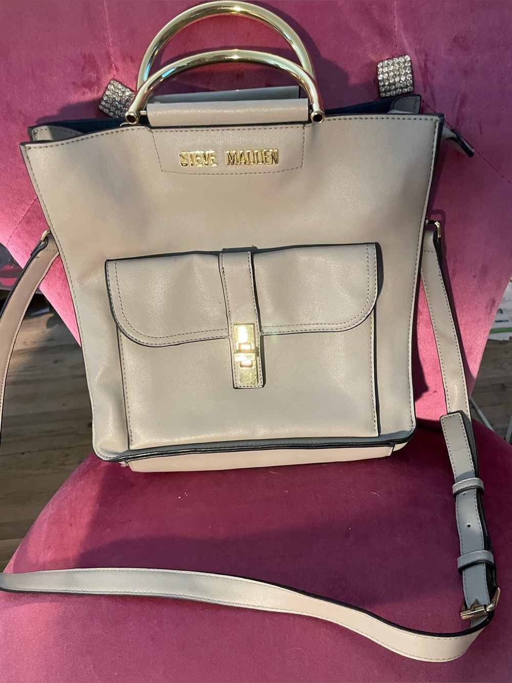 Steve Madden Cream Crossbody Tote with Gold Hardware